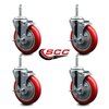 Service Caster 5 Inch Red Polyurethane Wheel Swivel 58 Inch Threaded Stem Caster Set with Brake SCC SCC-TS20S514-PPUB-RED-TLB-58212-4